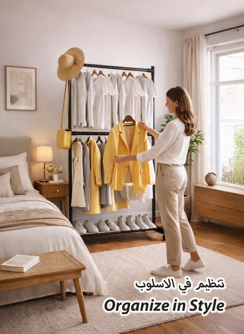 توشيونيكس رف ملابس مزدوج القضبان، قابل للتحويل إلى رف تجفيف ملابس مزدوج الطبقات، منظم ملابس، خزانة مفتوحة مع قضبان تعليق من طبقتين ورف تخزين سفلي، أنابيب فولاذية متينة 22 مم، سعة تحميل كبيرة تصل إلى 40 كجم، يتميز بقضيبين أفقيين لتعليق الملابس، مناسب لغرفة الغسيل، الشرفة، ملاءات غرفة النوم، الألحفة، البطانيات، المعاطف، التنانير، القمصان، القبعات، حامل سترات، 76 × 42 × 180 سم - Image 4